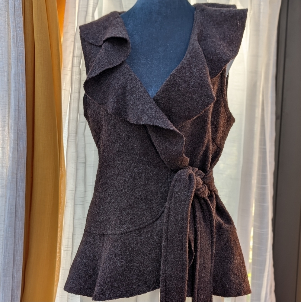 Brown Sleeveless Ruffle Cardigan